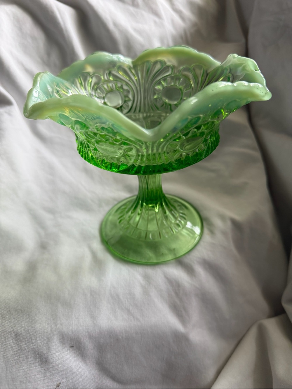 Green opalescent compote dish
Northwood By the Glass Company.